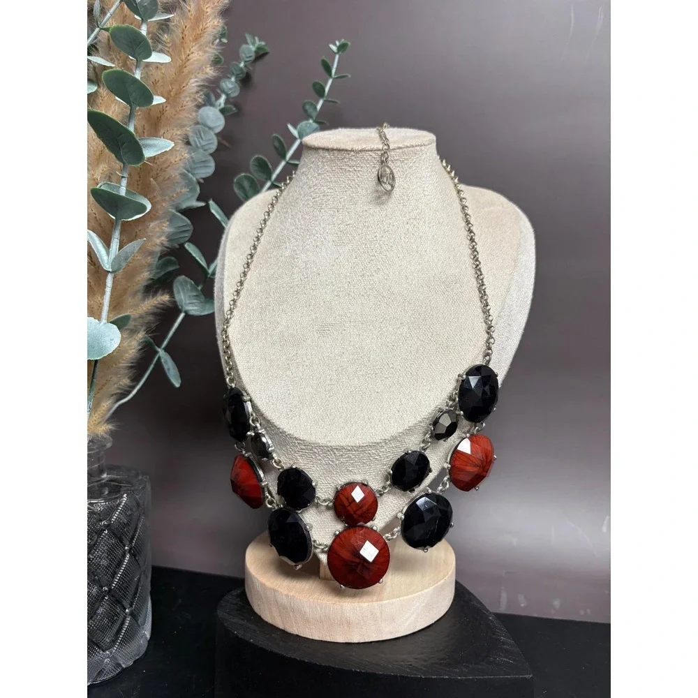 Erica Lyons Statement Necklace | Black +‎ Red Marbled Acrylic | Silver 20